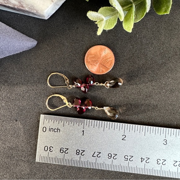 Smoky Quartz and Red Garnet Earrings 14k Gold Lever back Gemstone Crystal Dangle - Picture 5 of 6
